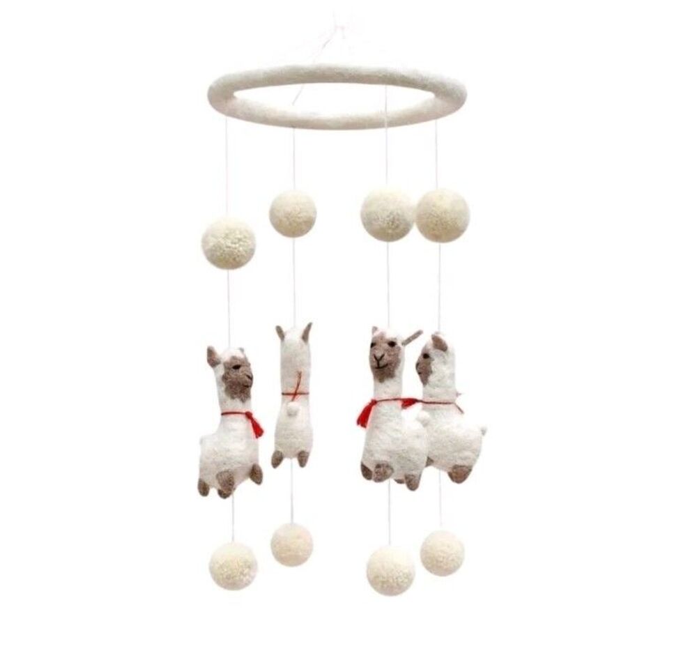 Tara Treasures Felted Nursery Cot Crib Mobile Dancing Llamas